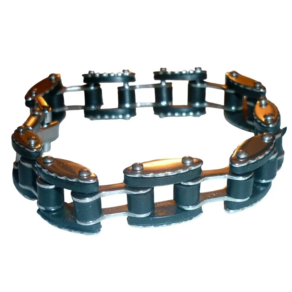 Mens Stainless Steel Black Rubber Motorcycle Chain Link Biker Bracelet 8.5in